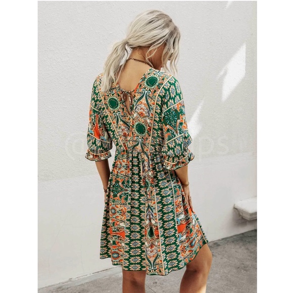 Multicolor Tribal Paisley Print Green Mini Babydoll Dress V-Neck - Picture 4 of 6